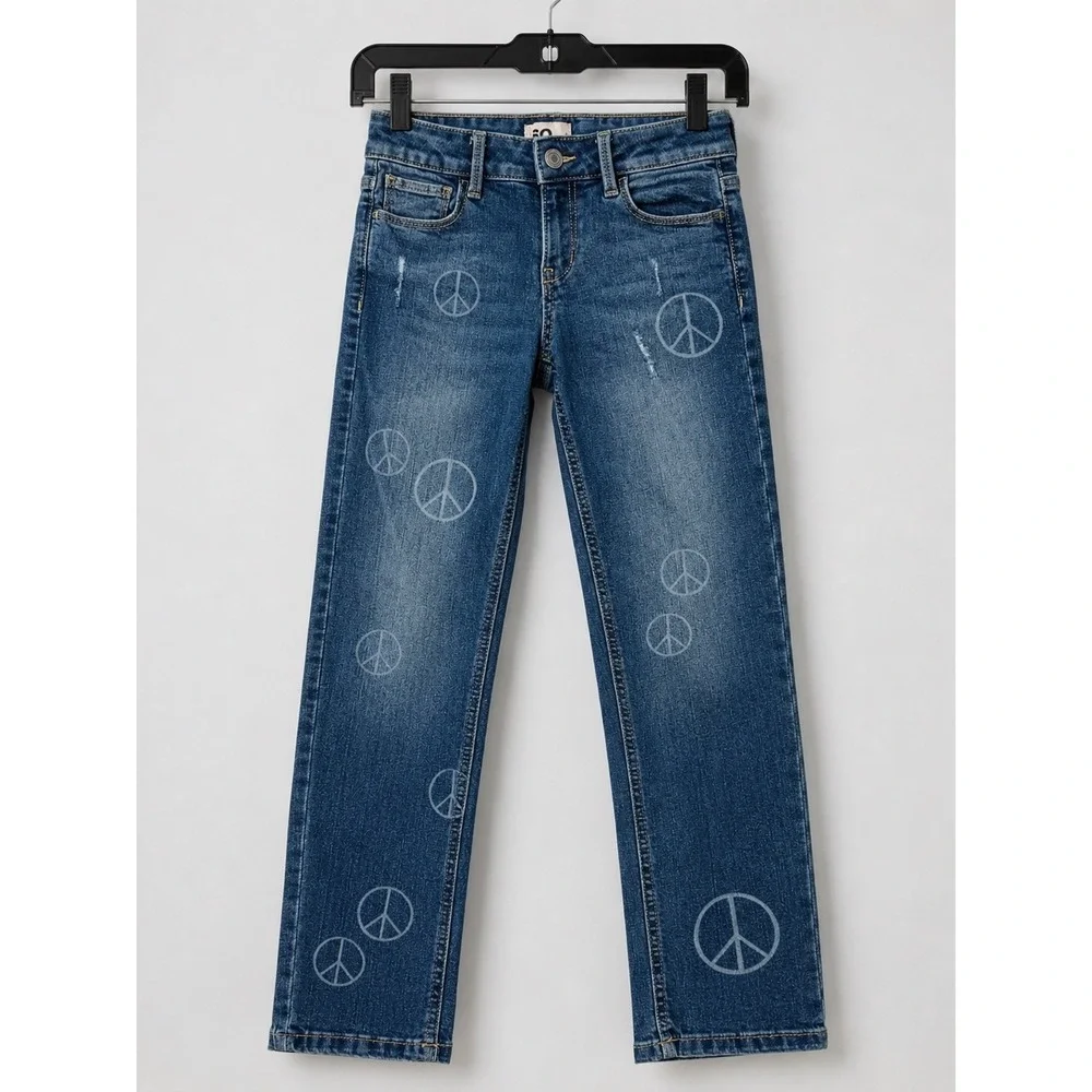 SO Girls Peace Sign Graphic Straight Leg Jeans Medium Wash Distressed Size 8